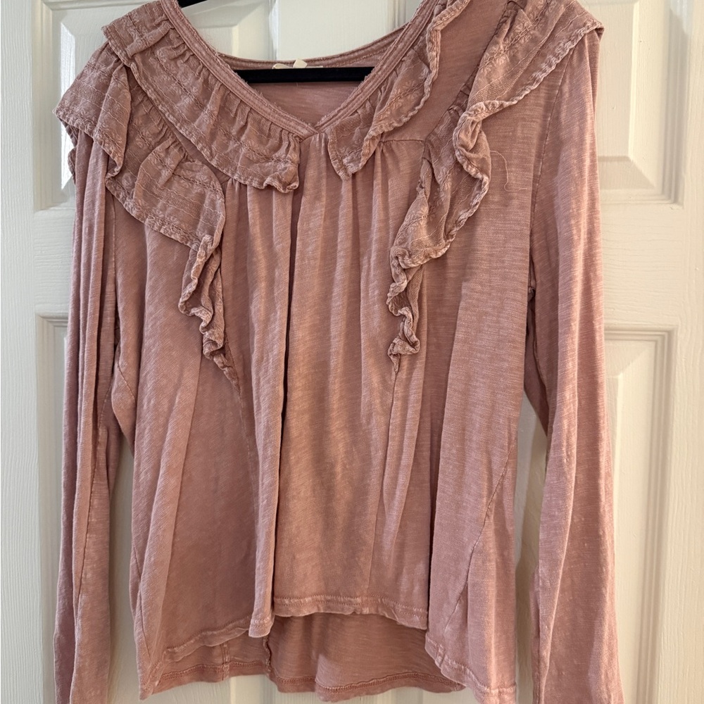 easel Dusty Rose Ruffled V-Neck Long Sleeve Top